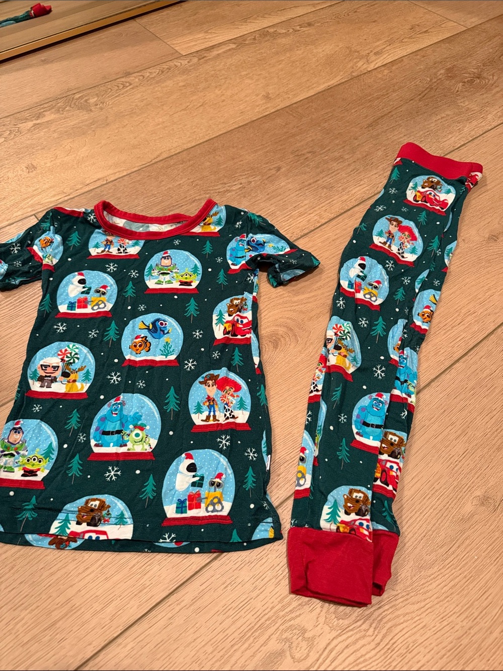 Kids Green Snow Globe Print Pajama Set - Red Trim